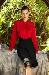 Ruby Radiance Pleated Satin Blouse